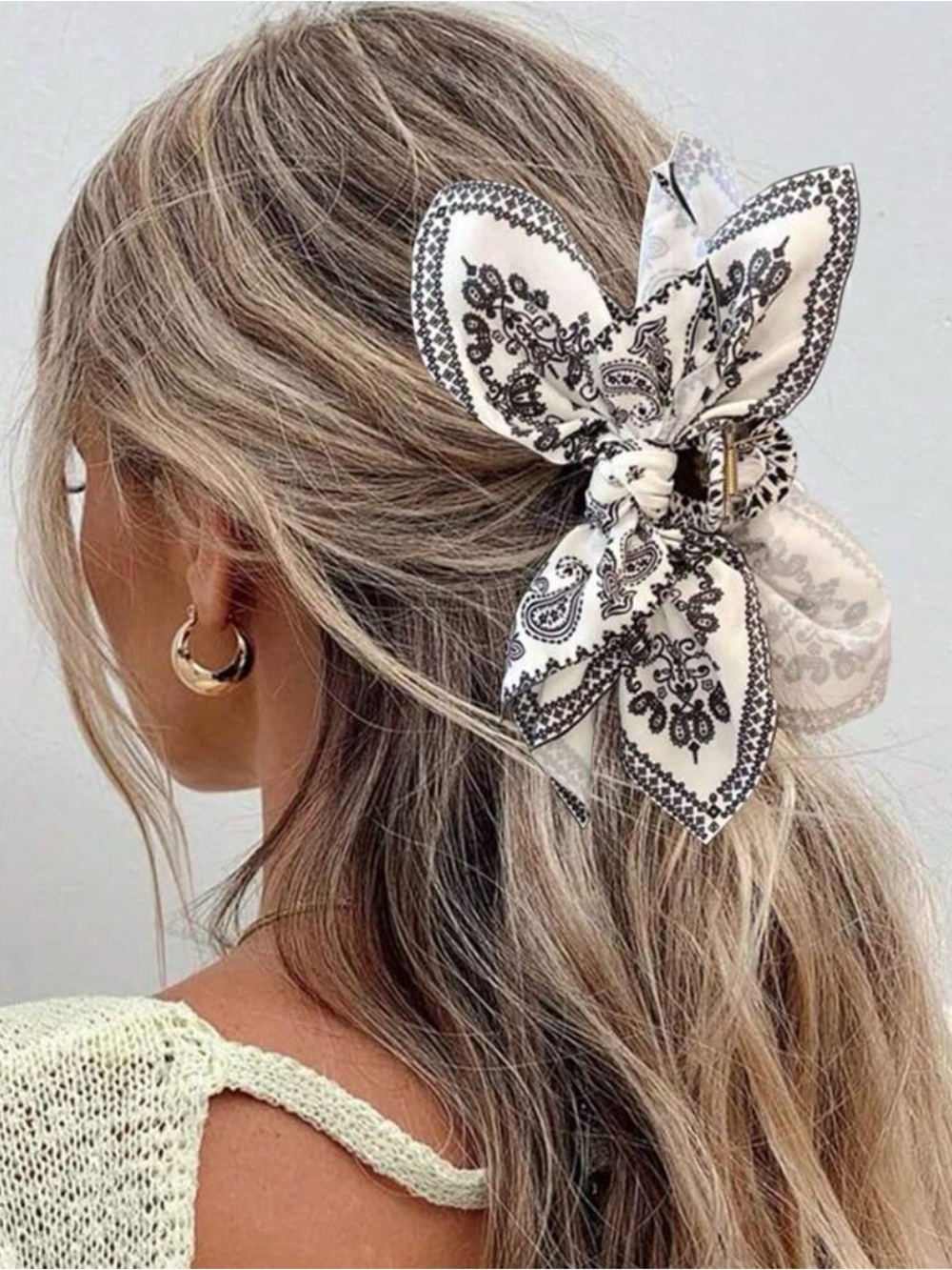 Elegant Black & White Paisley Hair Bow Clip - Women Accessories